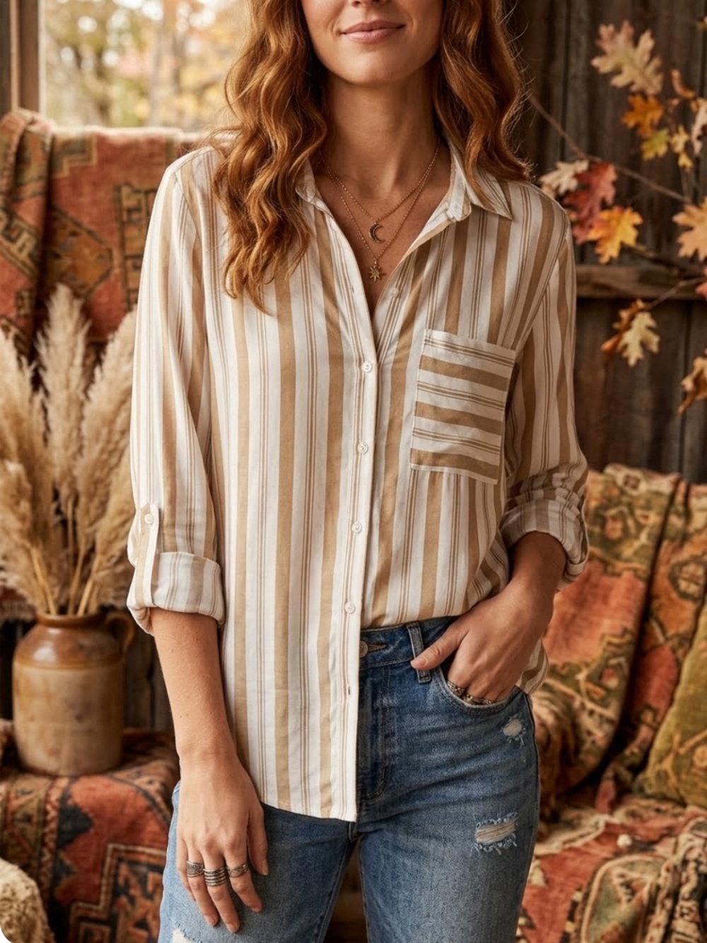 ESQUALO Striped Silk Blend Blouse 12 Tan
Gold White Button Up Pocket EUC